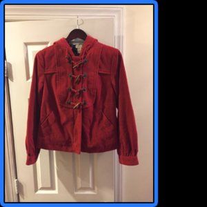 ✨Anthropologie Elevenses Red Corduroy Pattern Lined Hooded Toggle Coat Size 4✨